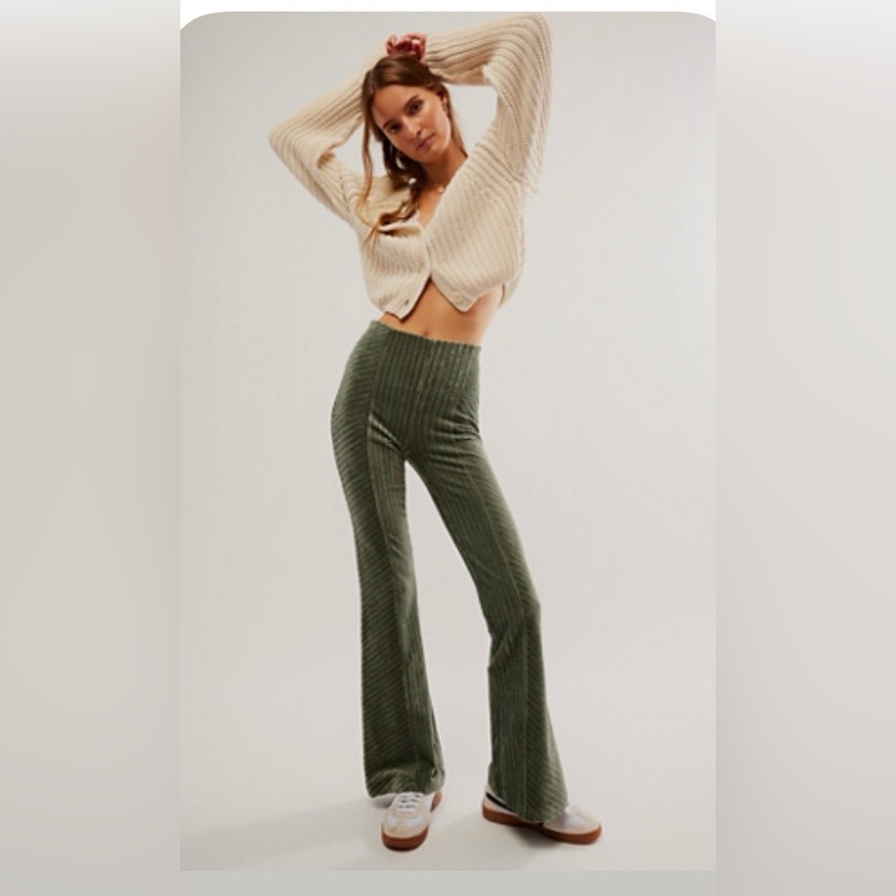 Free People Olive Ribbed Wide-Leg Pants